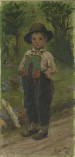  "Gutt i setesdalsbunad" by Lars Osa, an oil painting on canvas showing a young boy in a traditional Norwegian outfit, including a black hat, white shirt, red vest, and black knee-length pants, standing in a wooded area.