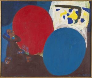  "Alarm" by Karen Holtsmark, an abstract oil painting on wood fiberboard featuring two large overlapping circles in red and blue at the center, a chaotic white area with splashes of color to the right, set against a dark background with a brown lower section.