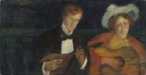  "Nattfugler" by Oda Krohg. An oil painting portraying two figures at night with subdued colors—a young man in a dark suit listening attentively to a jovial woman in an orange dress and white hat, against a dark green and blue background.
