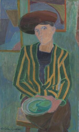  An oil on canvas painting by Anita Greve depicting a seated person in a contemplative pose, wearing a brown hat and a green, yellow, and black striped blazer, holding a light blue-green plate, set against an abstract background of muted greens, blues, and browns.