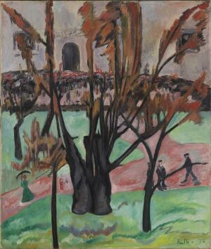  A painting on canvas by Rudolph Thygesen featuring a leafless tree with orange and brown foliage in the foreground, with abstract figures walking in a park-like setting with an overcast sky. The color palette includes muted greens, greys, blues, and warm autumnal tones, invoking a sense of autumn in a modernist style.
