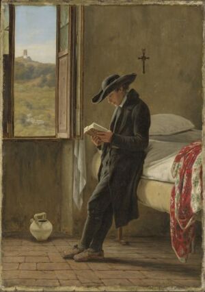  "Young Priest reading" by Martinus Rørbye is an oil painting on canvas depicting a contemplative young priest in black clerical clothing, reading a book by a window beside a simple bed, with a view of distant hills outside and a wooden cross on the nearby wall.