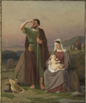  "The Flight into Egypt" by Martinus Rørbye is an oil painting on canvas featuring a man standing and shielding his eyes with his hand, alongside a seated woman holding an infant. The characters are dressed in archival robes with a serene landscape and a small village in the background. The painting employs a subdued color palette with earth tones and soft lighting, creating a sense of calm and solemnity.