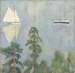  "Mirroring" by Erik Werenskiold, a tranquil painting on linen depicting a sailboat with white sails set against a pale blue sky, its reflection in calm water, and gentle green foliage at the bottom half of the canvas.