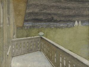  "Winter on the Balcony" by Harald Sohlberg is an oil painting displaying a snow-covered balcony with a simple wooden balustrade, set against a twilight sky that transitions from dark slate blue to greyish-blue, and a snowy landscape that extends into the distance. The image evokes a serene, contemplative atmosphere of a winter's evening.