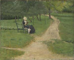  "Lesende kvinne på hagebenk" by Sofie Werenskiold, a serene painting of a woman reading on a bench along a winding sandy path in a lush green park with young trees, under a pale blue sky, capturing a quiet sunny afternoon.
