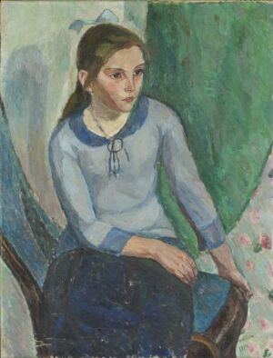  "Portrait of Girl," an oil painting by Magnhild Haavardsholm featuring a young girl with fair skin and pulled-back hair dressed in a long-sleeved blue top and dark skirt, seated in a chair against a backdrop of soft greens and blues with a hint of floral pattern in red and pink to the right. The painting conveys a tranquil and introspective mood.