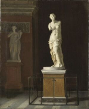  "Venus from Milo" by Ludovica Thornam, an oil painting depicting the famous statue Venus de Milo, highlighted in soft light against a dark museum gallery backdrop, with another partially visible statue in the background set against a dark red wall.