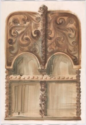  "Framskap (dobbel boge)" by Lars Korff Lofthus, a painting on watercolour paper depicting an ornate double-arched cabinet with intricate scroll patterns in sepia tones, contrasted against a light off-white background.