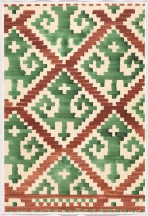  "Åkle II" by Lars Korff Lofthus, a visual art piece on paper displaying a symmetrical pattern with diamond and cross shapes, in shades of cream, deep red, and forest green, evoking the style of Scandinavian textile design.