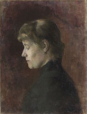  A painting by Ragnhild Hvalstad on canvas displaying a muted earth tone profile of a reflective person, blending softly into a shadowy brown and black background.