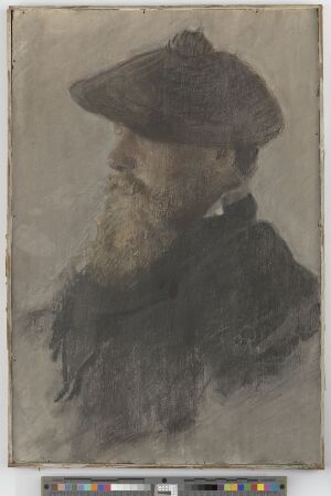  Pastel artwork on plate by Eilif Peterssen titled "The artist Christian Krohg," depicting a bearded man in profile wearing a brimmed hat and a thick coat. The use of muted earth tones creates a soft, harmonious portrait.