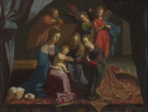  "The Mystic Marriage of Saint Catherine" by Josefa De Ayala is an oil painting on copper plate showcasing the Virgin Mary holding Baby Jesus on her lap, with Saint Catherine kneeling to the right and another female saint to the left, all adorned in rich robes of blue, red, and gold against a dark backdrop, with an angel in attendance.