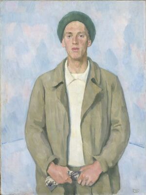  "Portrait of the Artist Dagfin Werenskiold" by Erik Werenskiold, featuring a youthful man in a beige overcoat and white shirt, standing against a pale blue background, wearing a dark green beret, with a reserved expression and hands clasped in front of him.