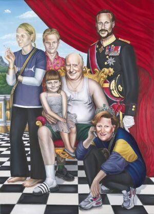  "Folkekongen," an oil painting on canvas by Lena Trydal, depicting a whimsical family portrait with seven diverse characters, featuring a mix of casual clothing and ceremonial attire, set against a checkered floor and a red drape backdrop.