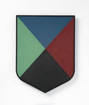  An image of a shield-shaped object titled "Likeverd" split into four equal triangles each with a different color: soft mint green, subdued crimson, dark grey, and deep navy blue, set against a pale background. Artist name unknown.