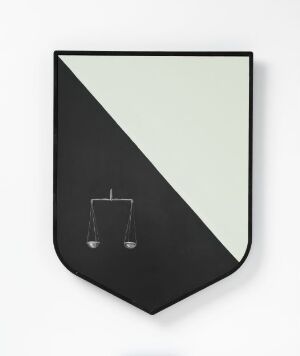  A shield-shaped emblem divided diagonally with a black upper left and pale mint lower right section, featuring a simple white scale of justice icon in the center against the black background. The artist and title are unknown.