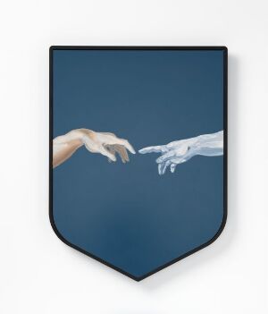  Shield-shaped artwork titled "Møter II" depicting an almost touching scene between a warm-toned human hand and a marble-like divine hand against a deep blue background.