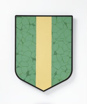  A stylized heraldic shield emblem, centered on an off-white background, with a textured green field divided by a central pale yellow stripe, representing the concept of nature conservation (Naturvern).