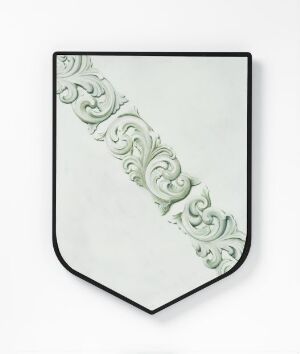  Shield-shaped object titled "Kulturarv" with a soft off-white background and a diagonal band of raised pale gray or pale green scrollwork from the top left to the bottom right, suggesting historical or cultural significance. Artist name unknown.