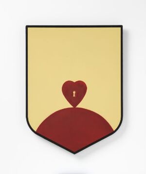  A stylized shield with a pale yellow background features a burgundy red mound at the base and a matching red heart with a keyhole centered above it, evoking a sense of personal or emotional significance. The piece is titled "Bare du har nøkkelen," but the artist's name is unknown.