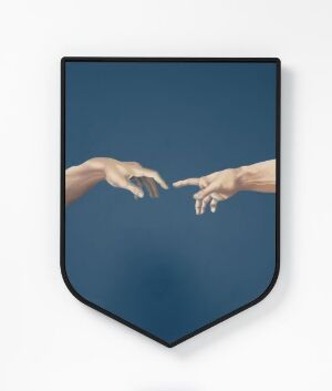  A shield-shaped image titled "Møter III" featuring two human hands with a blue gradient background, symbolizing a nearly complete connection, akin to Michelangelo's depiction of the hands of God and Adam.