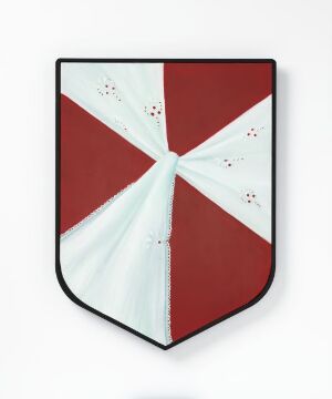  A heraldic shield-shaped object divided by an X-shaped white cross into four triangles, with the top and bottom sections painted in burgundy red, and the left and right in metallic silver, each red triangle featuring a pattern of small silver dots.