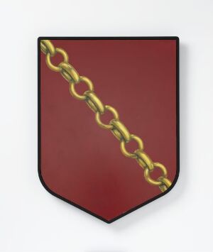  A shield-shaped emblem titled "Samhold" with a diagonal golden chain on a deep maroon background, symbolizing unity or connection.