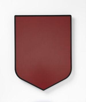  A maroon shield with a subtle gradient, suggesting a 3D form, against a neutral light-colored background, titled 'Styrke' by an unknown artist.