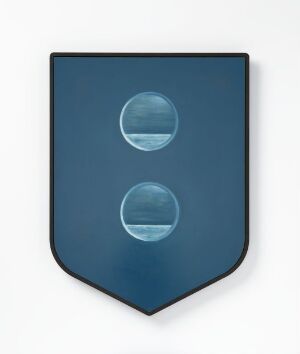  "Langsiktighet" - A modern artistic blue shield with two identical transparent spheres placed vertically in the center, against a light background.