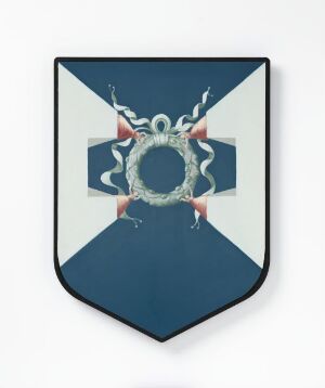  A stylized shield in deep navy blue featuring a white cross with a central illustration of a broken chain within a laurel wreath, and mirrored fantastical creatures above the cross, suggestive of a modern take on a coat of arms.