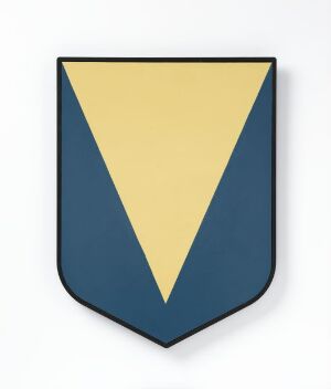  A modern, minimalist shield-shaped object with a muted blue-gray background and a central inverted triangle in a warm yellow-beige color, titled 'Tillit' by an unknown artist.