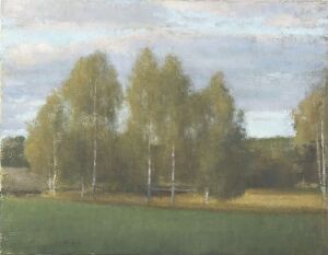  "Mellom sommer og høst" by Halvard Haugerud is an oil on linen painting depicting a tranquil landscape with a cluster of birch trees showing early signs of autumn, set against a soft sky and a field with hints of yellow and green.