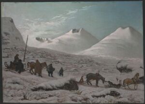  "Winter," an oil on zinc plate painting by Knud Baade, shows a tranquil winter scene with snow-covered mountains under a clear blue sky and a group of travelers with animals moving through the snow.