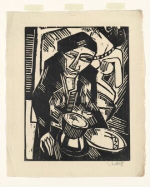  "Melancholy" by Karl Schmidt-Rottluff, a woodcut print on paper, depicting a stylized, abstract seated figure in black ink against an off-white natural paper background, showcasing the contrast and expressive lines characteristic of Expressionism.