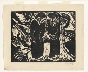  "Mourners at the Beach" by Karl Schmidt-Rottluff - A stark, expressionistic black and white woodcut on paper depicting two abstract figures hunched over in a posture of mourning, with wavy lines suggesting a beach environment in the background.