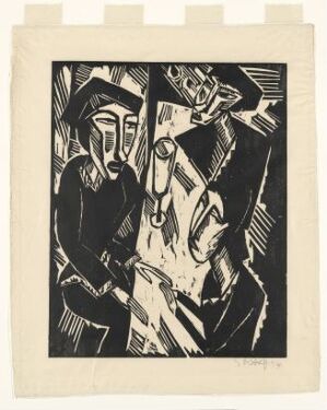 "Three at the Table" by Karl Schmidt-Rottluff, a black and white woodcut print showing three abstracted figures seated around a square table, heavily stylized with bold, angular lines that convey a sense of expressive movement and emotional intensity.