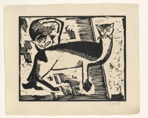  "Cats" by Karl Schmidt-Rottluff, a German Expressionist woodcut print on paper showing two stylized black cats in motion with exaggerated, curving forms against a cream-colored background with abstracted architectural elements.