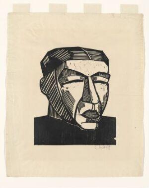  A woodcut print by Karl Schmidt-Rottluff titled "Mother," featuring a highly stylized and abstract black line portrait of a figure on cream paper, conveying a sense of strength and emotional depth through geometric shapes and hatched patterns.