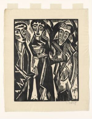  "The Three Kings" artwork by Karl Schmidt-Rottluff, featuring three expressionistic, angular figures styled in black ink woodcut on paper, with geometric shapes and patterns on their garments.