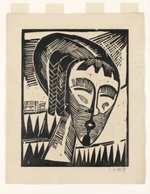  "Girl from Kowno" by Karl Schmidt-Rottluff, a woodcut print depicting a stylized female face with geometric shapes, in black ink on a beige paper featuring expressive lines and contrasting patterns, evoking an abstract and expressionist feel.