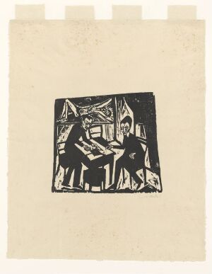  "Two Men at a Table" by Erich Heckel, an expressionist woodcut print on paper featuring two angular, stylized figures seated at a table in a room, rendered in dark brown ink on a cream-colored background.