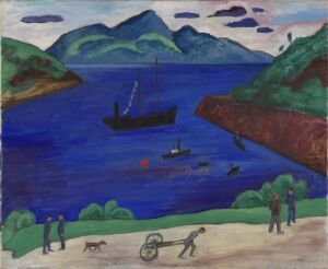  An expressionist landscape painting by Gabriele Münter titled "Landschaft mit grünem Haus und Segeln," depicting a blue body of water with boats, a group of people on a dark red and brown shoreline, and a mountainous background beneath a blue sky with dark clouds.