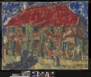  "House with a Red Roof" by Christian Rohlfs, featuring a vibrant red roof on a two-story house with earthy, brown walls accented by green foliage, set against a dark background. The painting has a lively texture and uses a palette of reds, oranges, greens, browns, and dark blues.