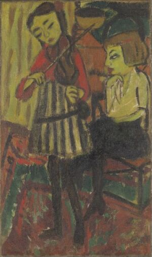  "Violinist" by Erich Heckel, an oil on canvas painting depicting a violinist in a striped outfit engrossedly playing the violin with a seated observer in a green garment, all rendered in bold expressionist style with a rich color palette.