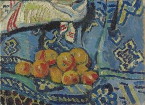  "Still Life" by Max Pechstein, a painting featuring vibrant oranges on a blue patterned cloth with expressive brushwork in shades of blue, green, and white, illustrating a lively and colorful arrangement on canvas.