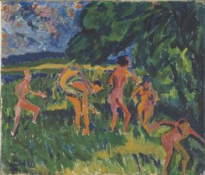  An oil painting on canvas by Erich Heckel, showcasing an expressionist style with five red and pink humanoid figures engaged in activities surrounded by a blue and green landscape. The painting reflects a connection between the human figures and the vibrant, natural scene around them, captured with energetic brushstrokes and bold color choices.