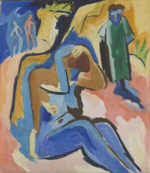  "Badende på stranden," an expressionist oil painting on canvas by Karl Schmidt-Rottluff, displaying a seated figure in blue on a beach with two other abstract figures in the background, executed with vibrant, contrasting colors and expressive brushwork.