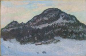  "Mount Kolsås" by Claude Monet, an oil on canvas impressionist painting depicting a snow-covered mountain under a pastel-colored sky, executed with Monet's characteristic loose brushstrokes.