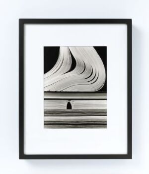  "Chicago (88-4-8)" - a black and white photograph by Kenneth Josephson featuring an abstract composition with wavy, flow-like patterns dominating the upper section and horizontal lines with a solitary human figure in the lower section, all contained within a simple black frame with a white mat.